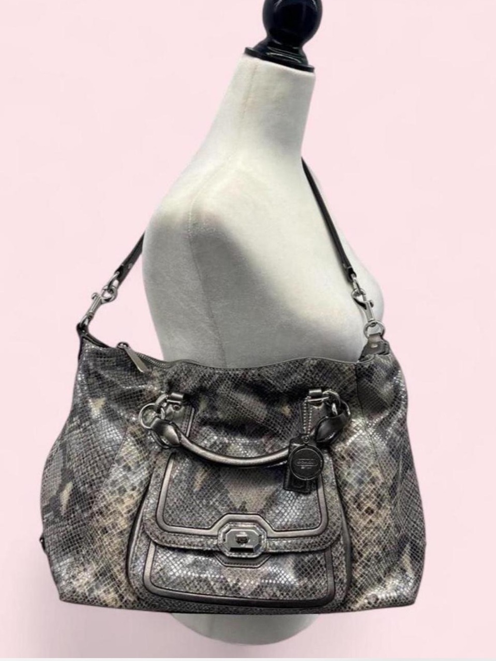 Authentic Coach Campbell Embossed Python Leather Shoulder Bag Silver Turlock